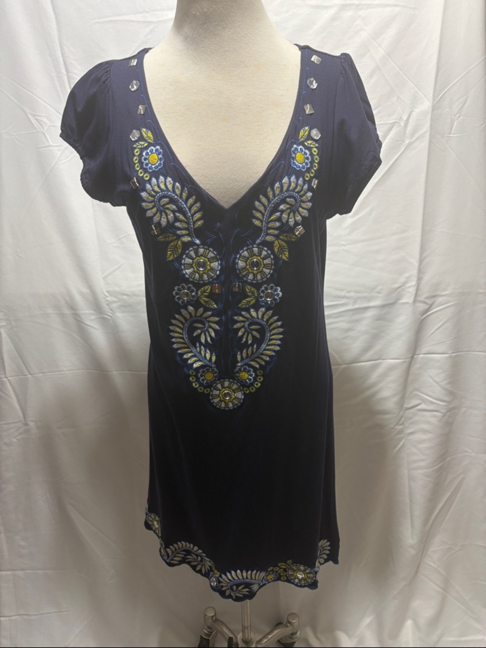 INC International Concepts Navy Embroidered V-Neck Midi Dress